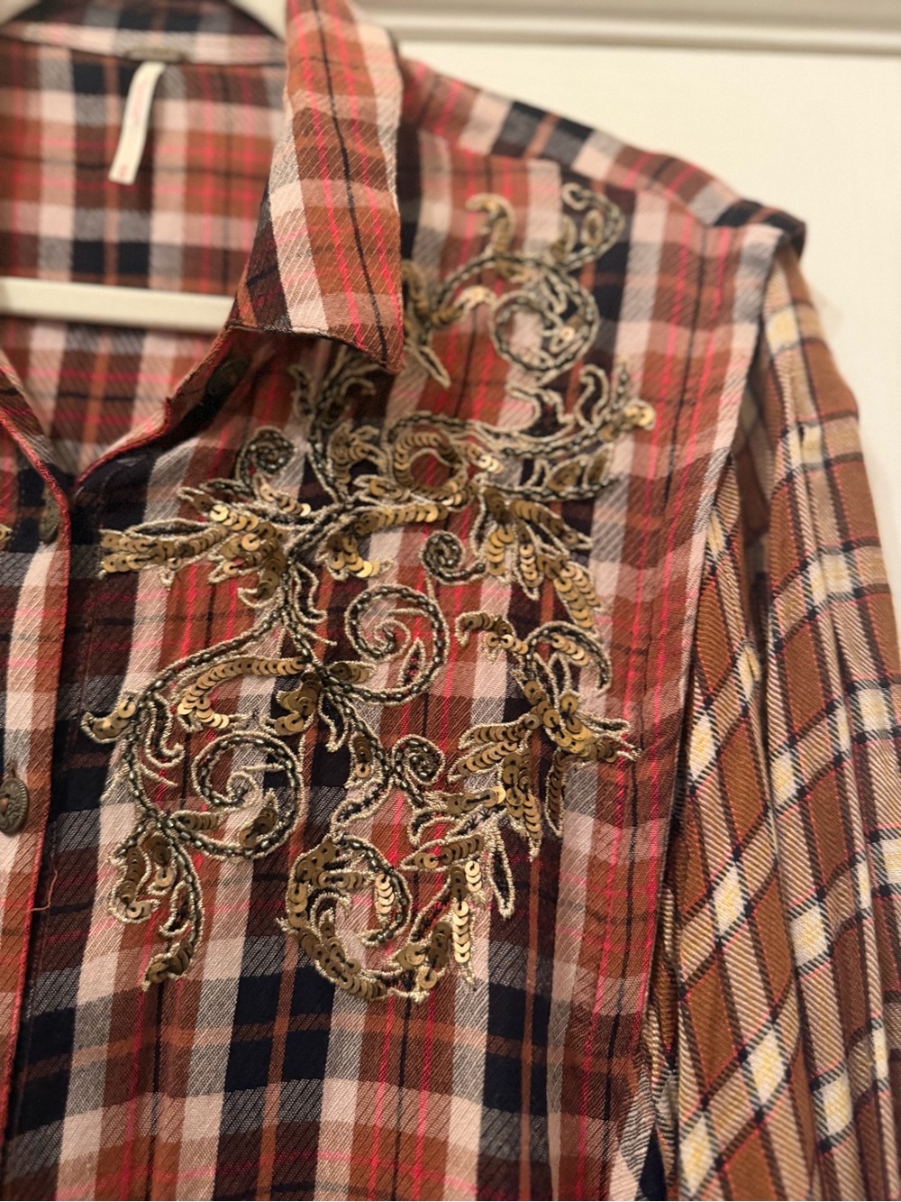0145. Free People Snow Topped Mountains Rust Plaid Embroidered Button-Down Shirt - Picture 9 of 13